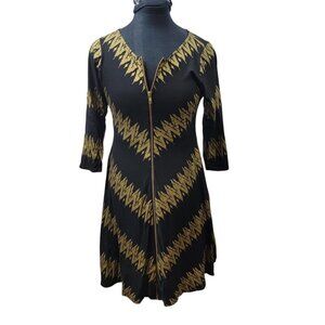 Bel Kazan Black Gold Zip Front Fit & Flare Dress Medium | Bali Made | Boho Mod